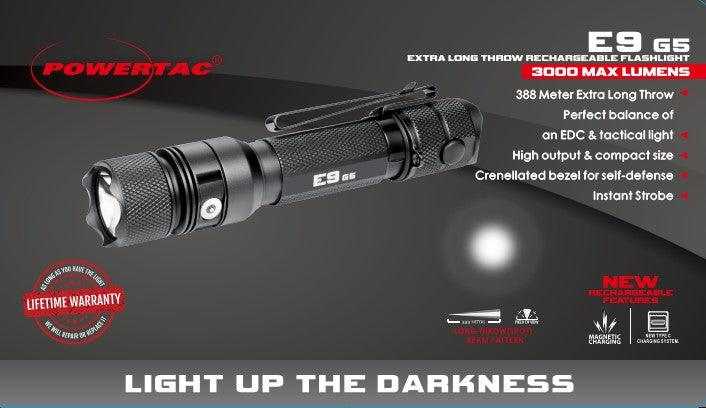 E9 GEN5 Long Throw- 3,000 Lumen Tactical EDC Flashlight - Powertac