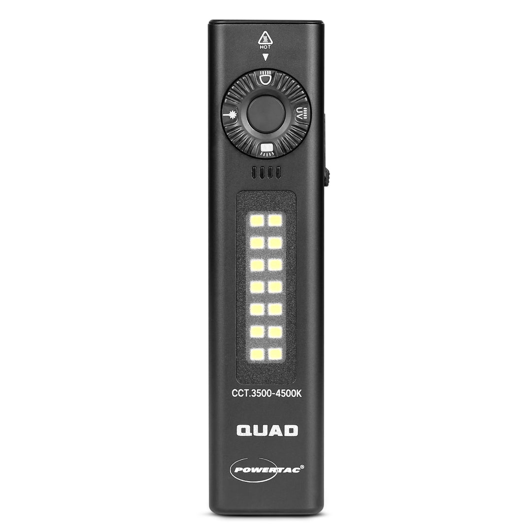 POWERTAC QUAD 2000 Lumen Flashlight | 4-in-1 Flat Design | USB-C Rechargeable | Green Laser + UV + Warm Side Light | Brightest Multi-Beam Tactical Light