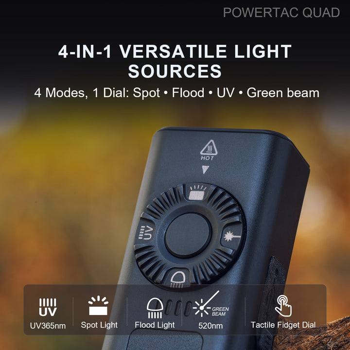 POWERTAC QUAD 2000 Lumen Flashlight | 4-in-1 Flat Design | USB-C Rechargeable | Green Laser + UV + Warm Side Light | Brightest Multi-Beam Tactical Light