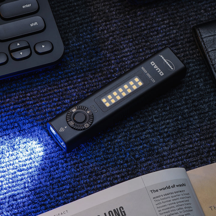 POWERTAC QUAD 2000 Lumen Flashlight | 4-in-1 Flat Design | USB-C Rechargeable | Green Laser + UV + Warm Side Light | Brightest Multi-Beam Tactical Light