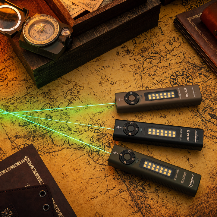 POWERTAC QUAD 2000 Lumen Flashlight | 4-in-1 Flat Design | USB-C Rechargeable | Green Laser + UV + Warm Side Light | Brightest Multi-Beam Tactical Light