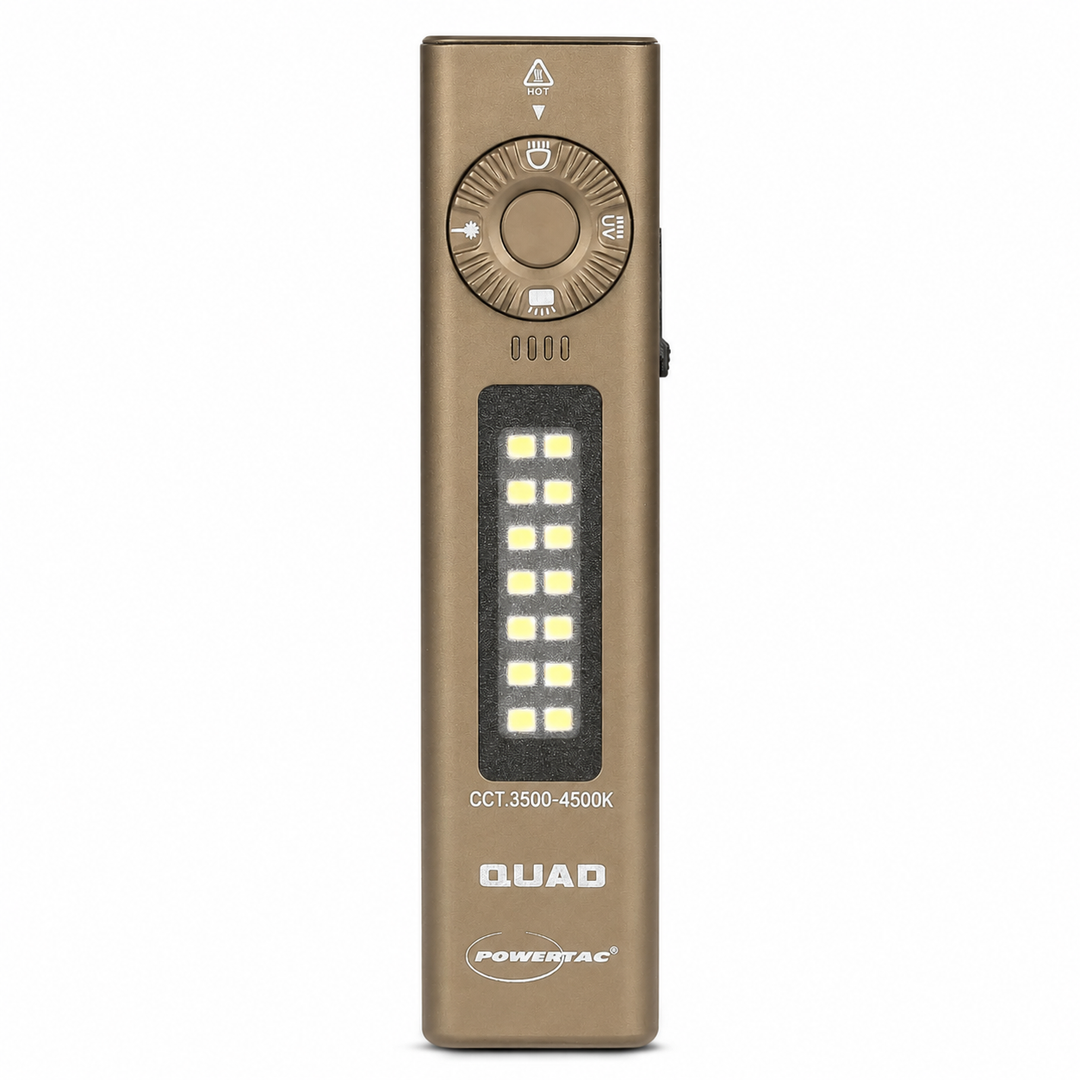 POWERTAC QUAD 2000 Lumen Flashlight | 4-in-1 Flat Design | USB-C Rechargeable | Green Laser + UV + Warm Side Light | Brightest Multi-Beam Tactical Light