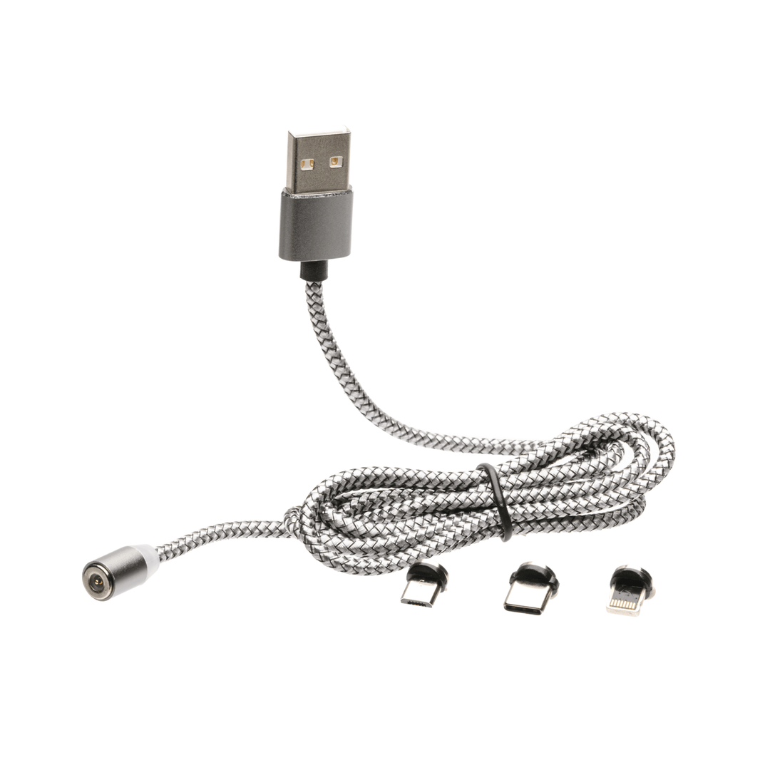 Magnetic USB Charging Cable, 3 in 1 Nylon Cord, Compatible with Micro USB, Type C, and Apple Products - Powertac