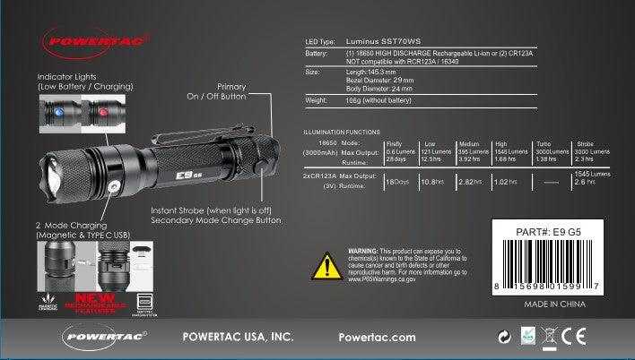E9 GEN5 Long Throw- 3,000 Lumen Tactical EDC Flashlight - Powertac