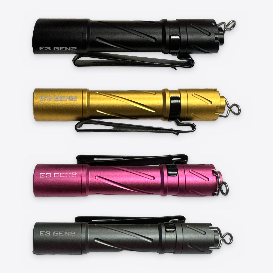 PowerTac E3 GEN2 EDC flashlight in Black, Gold, Pink and Grey