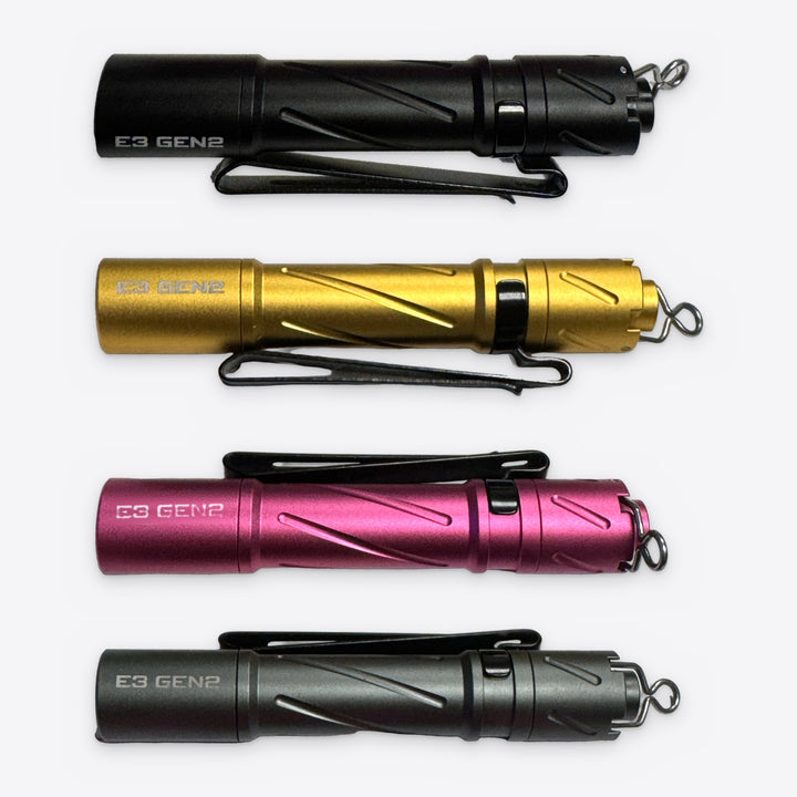 PowerTac E3 GEN2 EDC flashlight in Black, Gold, Pink and Grey