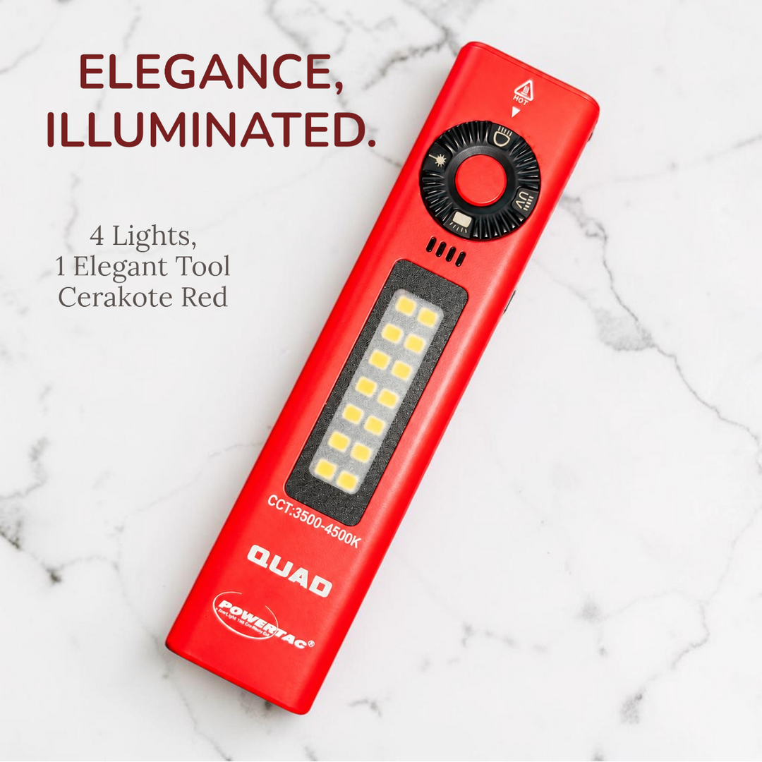 POWERTAC QUAD 2000 Lumen Flashlight | 4-in-1 Flat Design | USB-C Rechargeable | Green Laser + UV + Warm Side Light | Brightest Multi-Beam Tactical Light